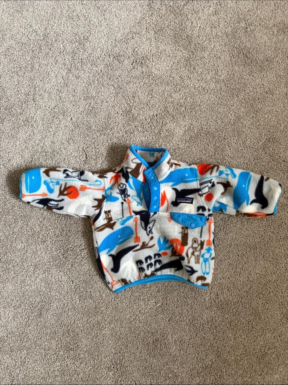 Patagonia Kids Fleece Pullover - Blue, Orange & Black Whale Print